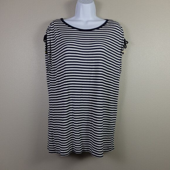 Michael Kors Black and White Striped Cold Shoulder Top Size Large - Picture 1 of 6